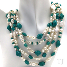 Load image into Gallery viewer, Blue Turquoise &amp; Pearl 5 layered Necklace with extension
