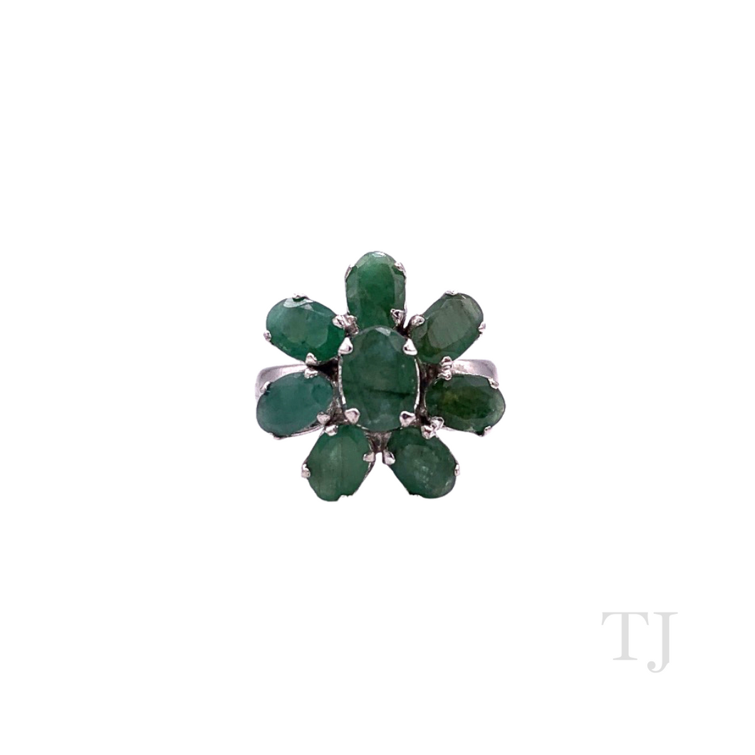 Emerald Flower Ring in Sterling Silver