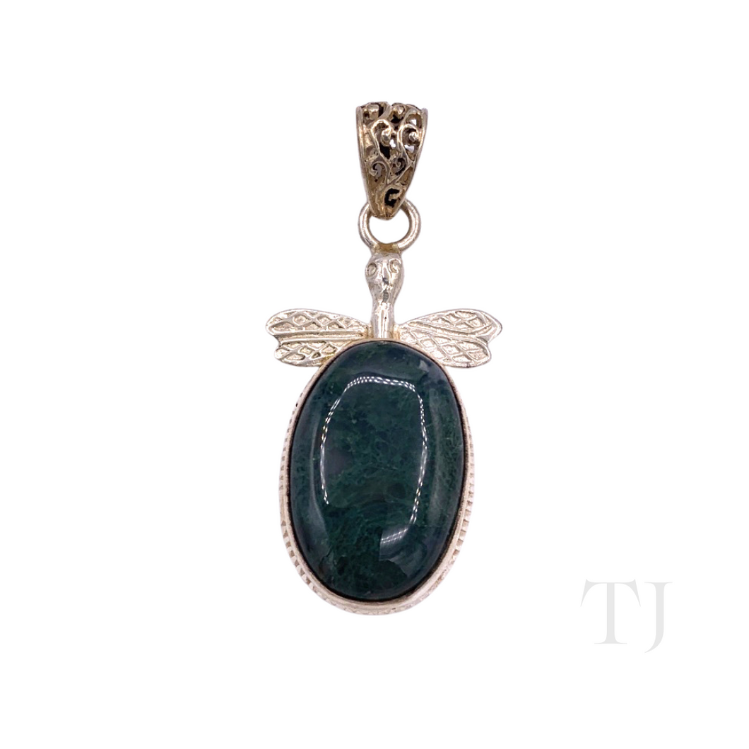 Moss Agate Cabochon Pendant in Sterling Silver