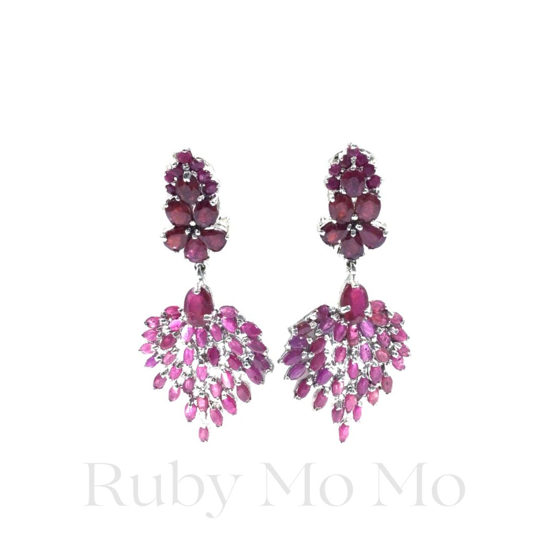 Ruby Peacock Tail Earrings in Sterling Silver (White Gold Coated)