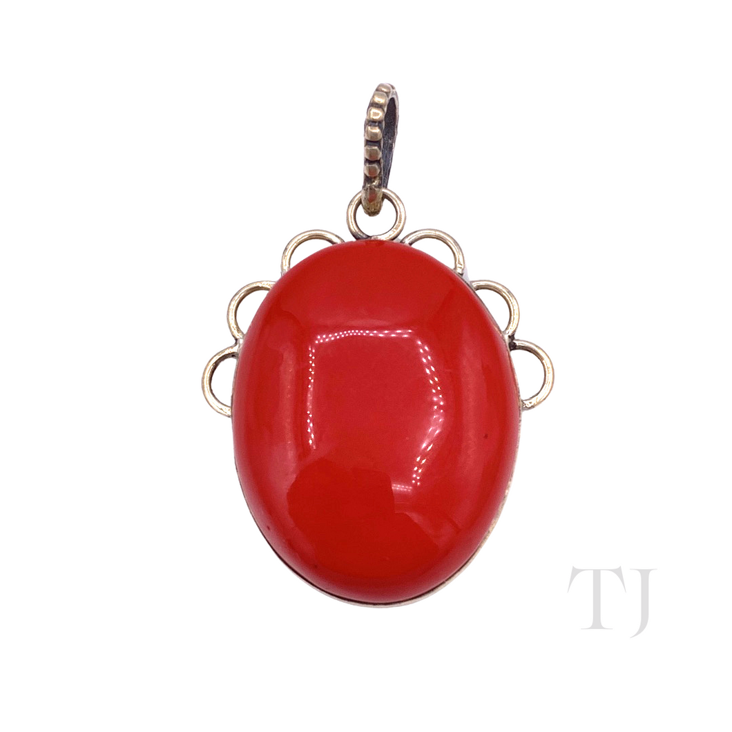 Coral Cabochon Pendant in Sterling Silver