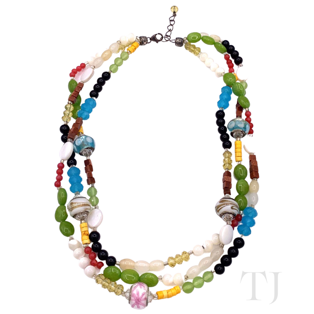 Multi Gemstones 3 Layered Necklace in Sterling Silver