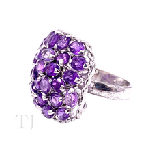 Load image into Gallery viewer, Side view of Amethyst oval cut stones ring in sterling silver
