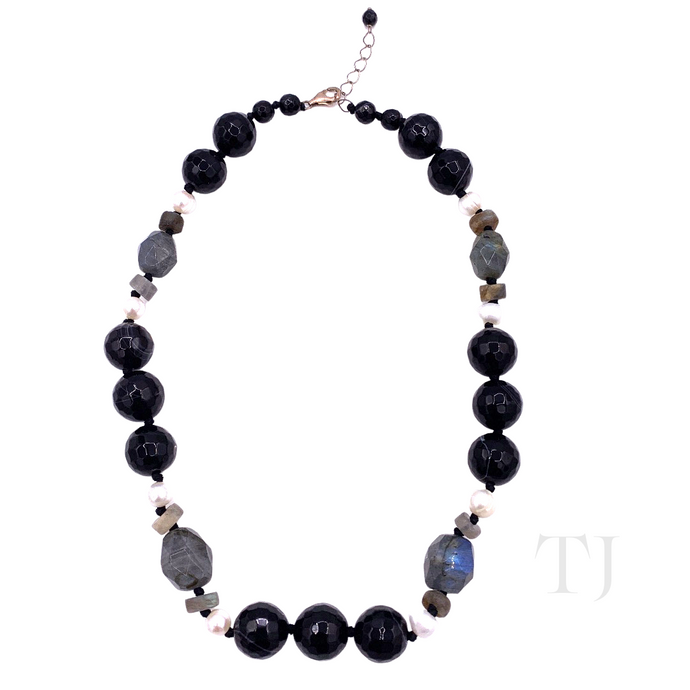Black Onyx with Labradorite & Pearl Necklace with silver lobster clasp