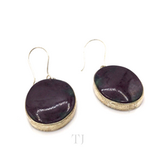 Load image into Gallery viewer, Anyolite Ruby in Zoisite Hanging Oval Earrings in gold coated sterling silver 
