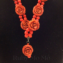 Cargar imagen en el visor de la galería, closer view of Red Coral rose &amp; bead necklace from Australia
