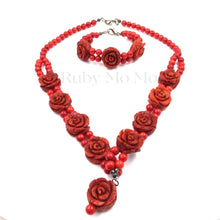 Загрузить изображение в средство просмотра галереи, Red Coral rose &amp; bead necklace and bracelet set from Australia
