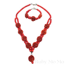 Загрузить изображение в средство просмотра галереи, Red Coral rose &amp; bead necklace and bracelet set from Australia
