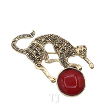 Load image into Gallery viewer, Coral with Sterling Silver Cat Brooch
