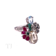 Load image into Gallery viewer, Multi Gemstones Two Flowers Ring in Sterling Silver
