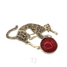 Load image into Gallery viewer, Coral with Sterling Silver Cat Brooch
