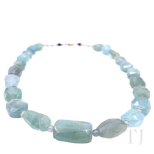 Load image into Gallery viewer, front view of Aquamarine Stone Graduated style necklace with sterling silver clasp
