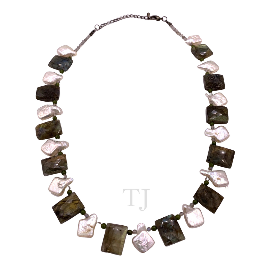 Labradorite Flat & Square Pearl Necklace