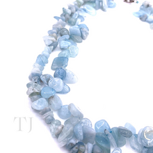 Load image into Gallery viewer, left side view of Aquamarine chip and nugget 2 layered necklace with lobster clasp
