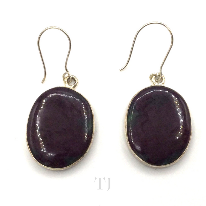 Anyolite Ruby in Zoisite Hanging Oval Earrings in gold coated sterling silver 