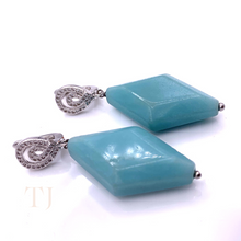 将图片加载到图库查看器，closer view of Blue Calcedony rhombus shape earrings with diamonique in sterling silver
