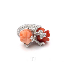 Load image into Gallery viewer, Italian Red &amp; Salmon Coral with Diamonique Ring in Sterling Silver
