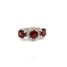 Load image into Gallery viewer, Garnet Triple Stone with Diamonique Ring in Sterling Silver
