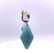 Load image into Gallery viewer, Blue Calcedony rhombus shape earrings with diamonique in sterling silver
