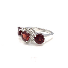 Load image into Gallery viewer, Garnet Triple Stone with Diamonique Ring in Sterling Silver
