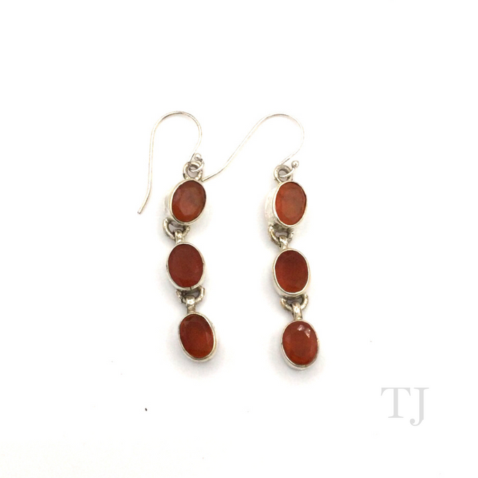 Carnelian Oval faceted stones in sterling silver earrings with hooks