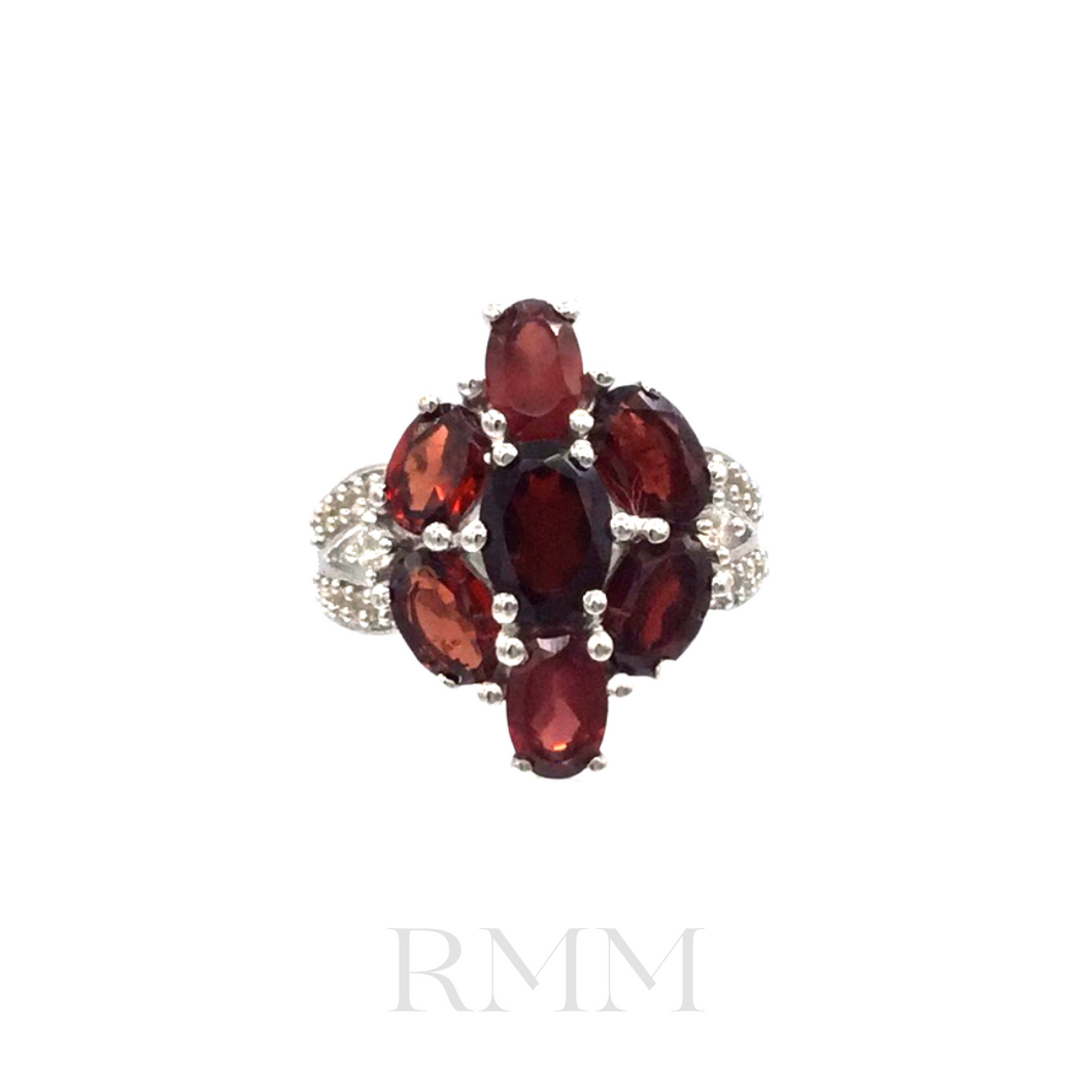 Garnet with Diamonique Ring in Sterling Silver