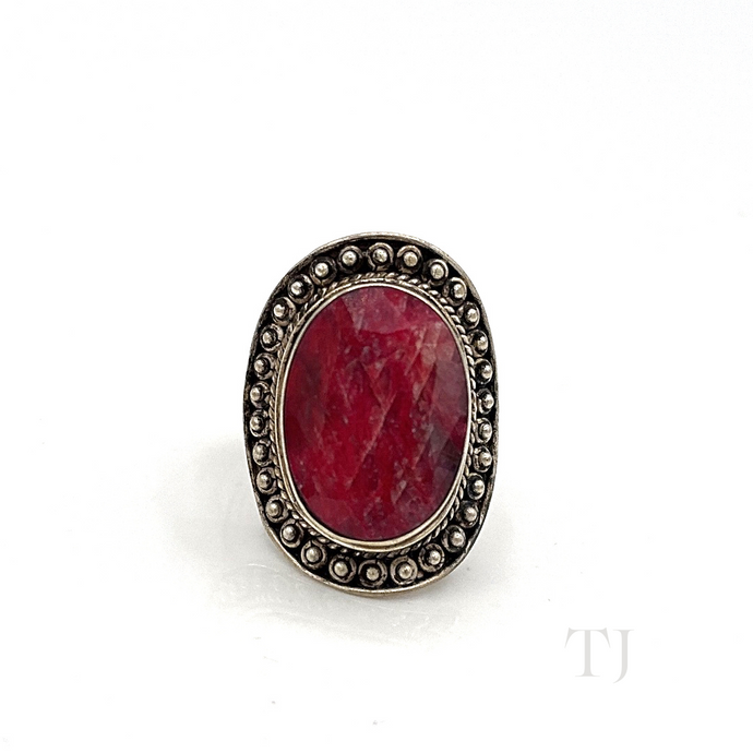 Front view of Indian Ruby faceted cut ring in sterling silver