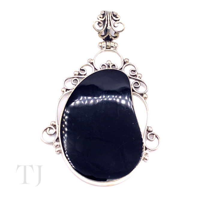 Black Onyx Bean Shape Pendant in Sterling Silver