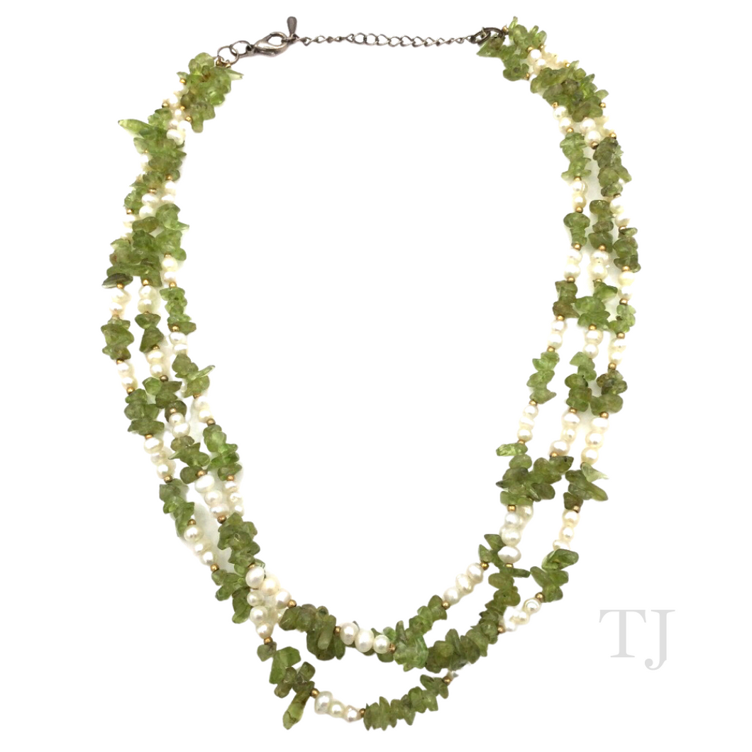 Peridot Chip & Pearl 3 Layered Necklace