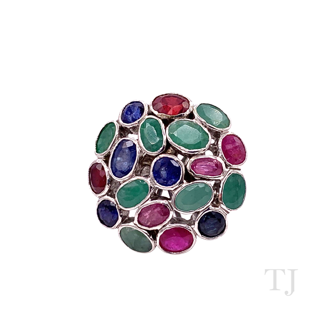 Multi Gemstones Circle Shape Ring in Sterling Silver