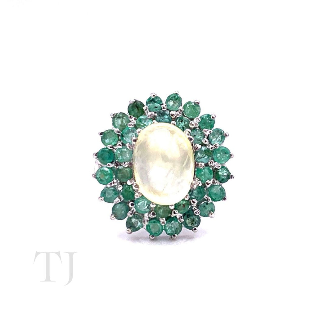 Emerald with Olive Jade Ring in Sterling Silver