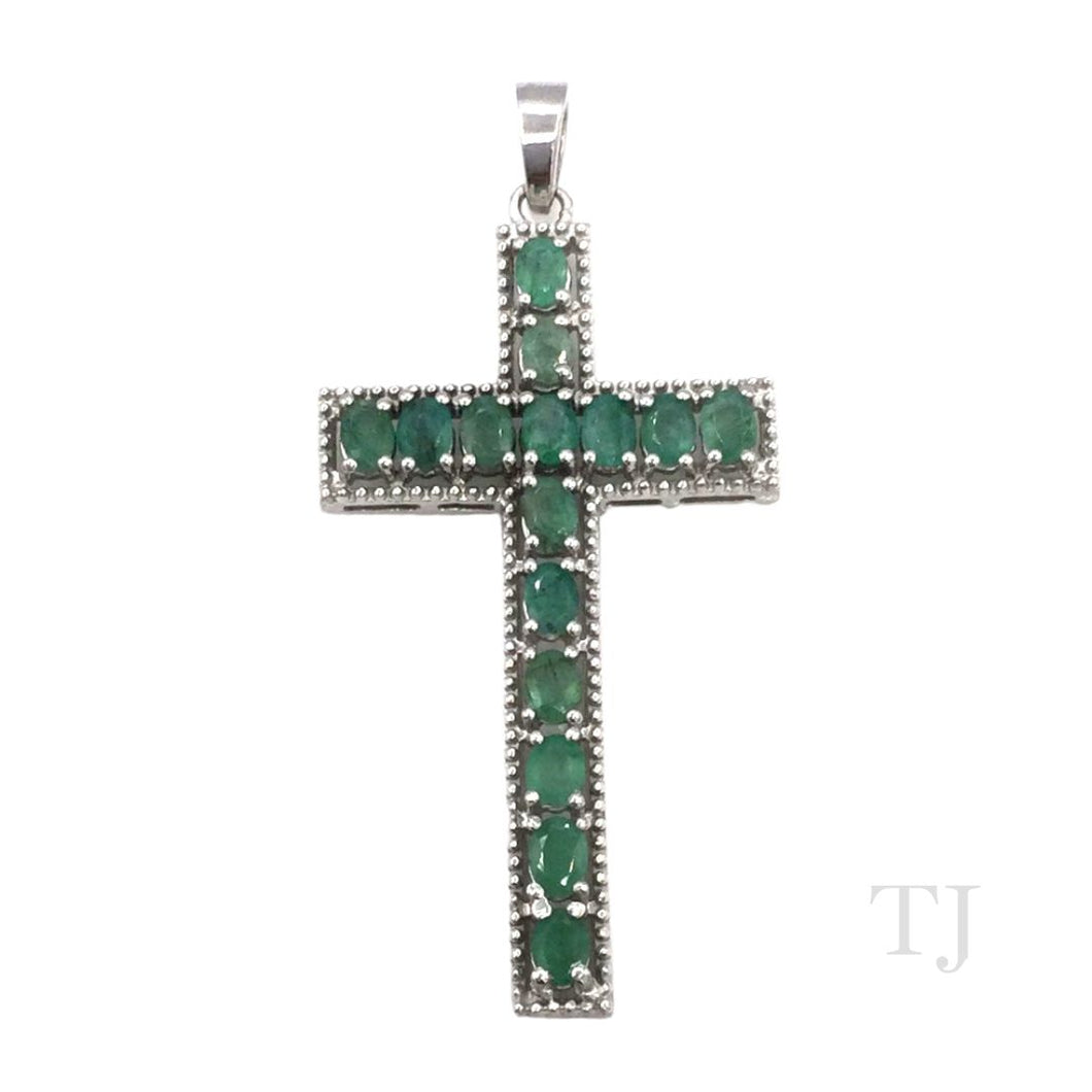 Emerald Cross Pendant in Sterling Silver