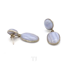 将图片加载到图库查看器，Blue Lace Agate Oval Cabochon hanging earrings in sterling silver
