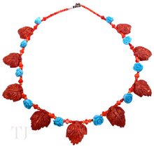 Cargar imagen en el visor de la galería, Red Coral Leaves &amp; Blue Turquoise Rose Necklace
