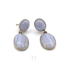 Load image into Gallery viewer, Blue Lace Agate Oval Cabochon hanging earrings in sterling silver
