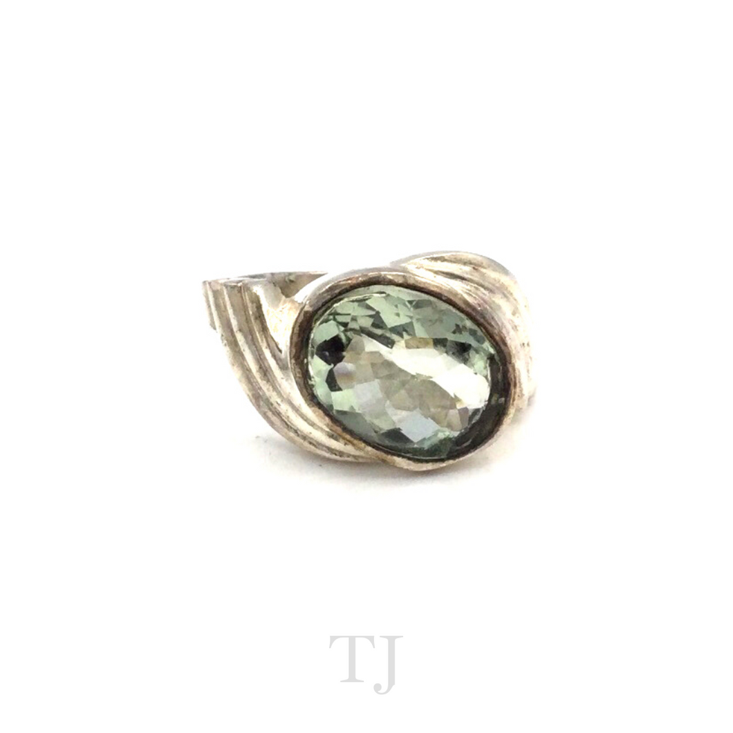 Green Amethyst Twisted Style Ring in Sterling Silver