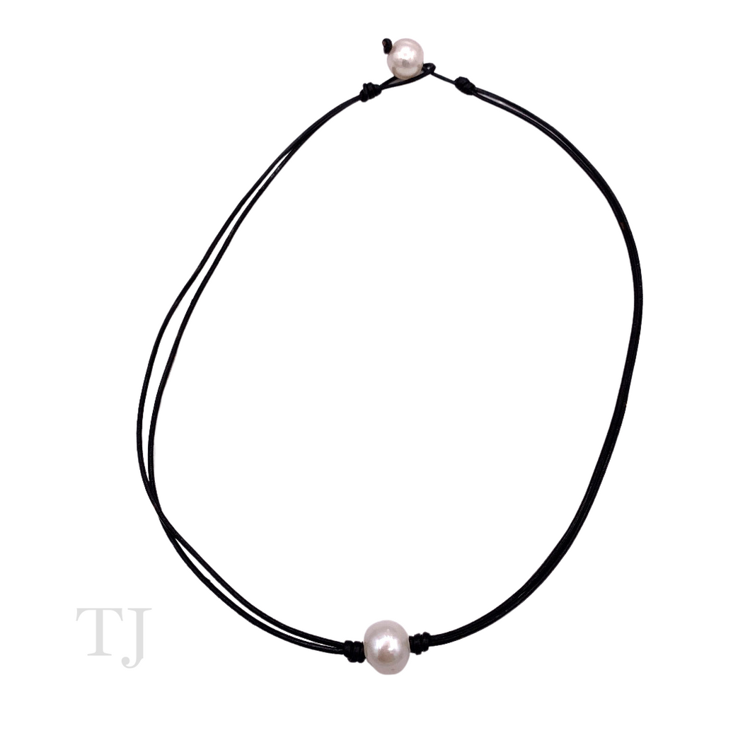 Freshwater Pearl in Black Leather Necklace