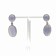 将图片加载到图库查看器，Blue Lace Agate Oval Cabochon hanging earrings in sterling silver
