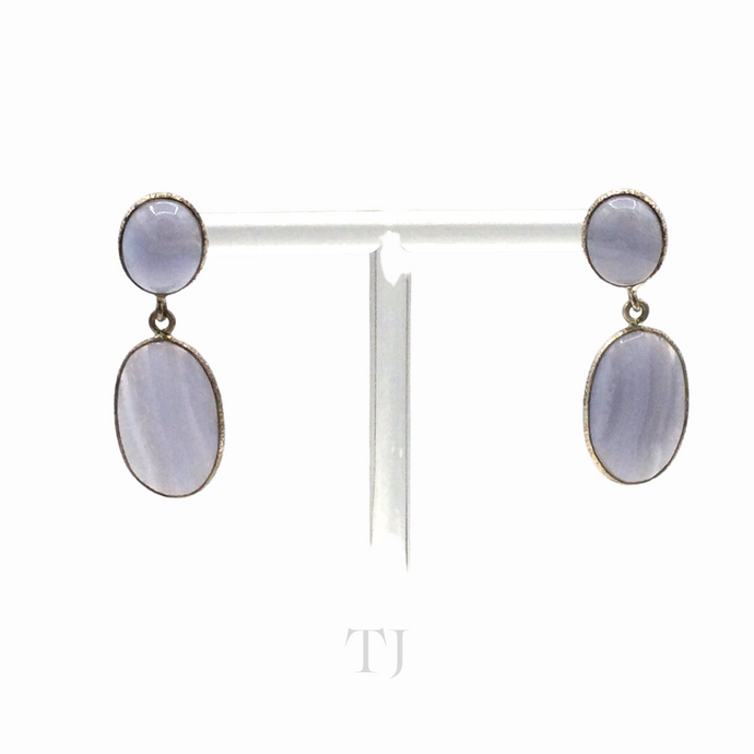 Blue Lace Agate Oval Cabochon hanging earrings in sterling silver