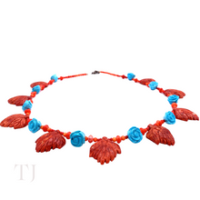 Cargar imagen en el visor de la galería, Red Coral Leaves &amp; Blue Turquoise Rose Necklace
