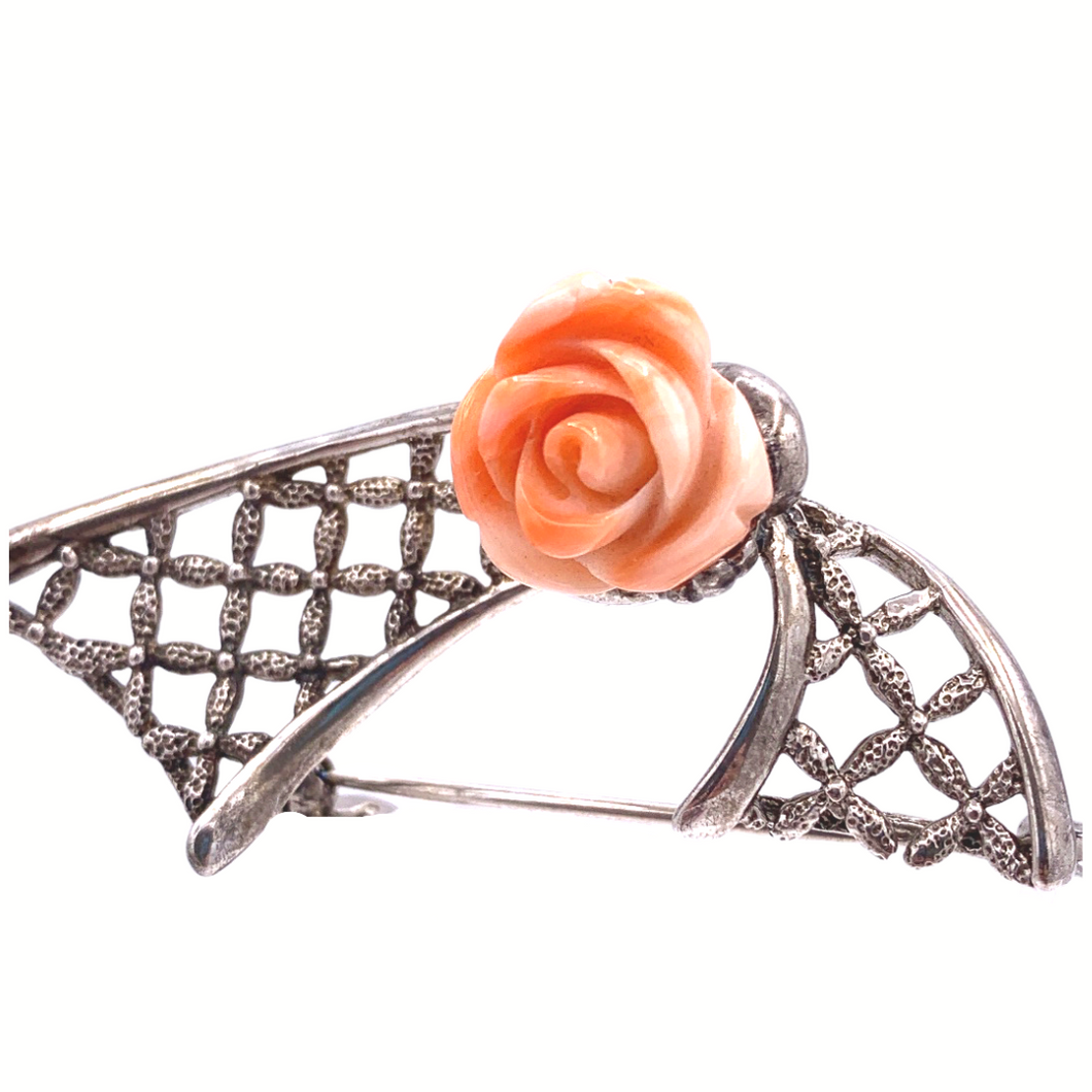 Italian Angel skin Coral brooch in Sterling silver