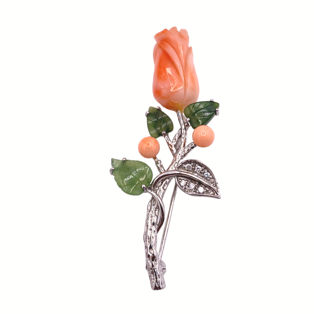 Italian Coral Brooch with flower shape in Sterling silver