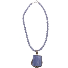 Cargar imagen en el visor de la galería, Blue Lace Agate Bead Necklace with square shaped pendant in sterling silver
