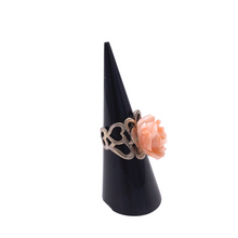 Load image into Gallery viewer, Side view of Angel skin rose shaped coral ring in sterling silver
