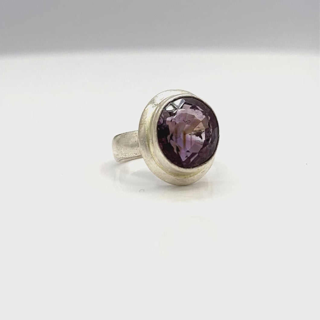 360 Video of Amethyst round faceted cut ring in sterling silver